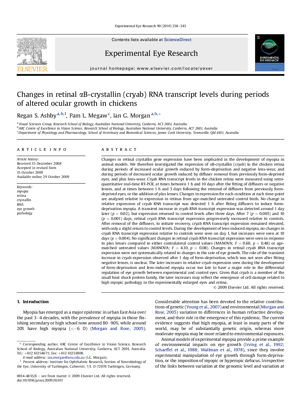 Changes in retinal Î±B-crystallin (cryab) RNA transcript levels during periods of altered ocular growth in chickens