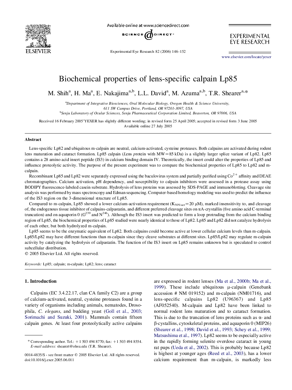 Biochemical properties of lens-specific calpain Lp85