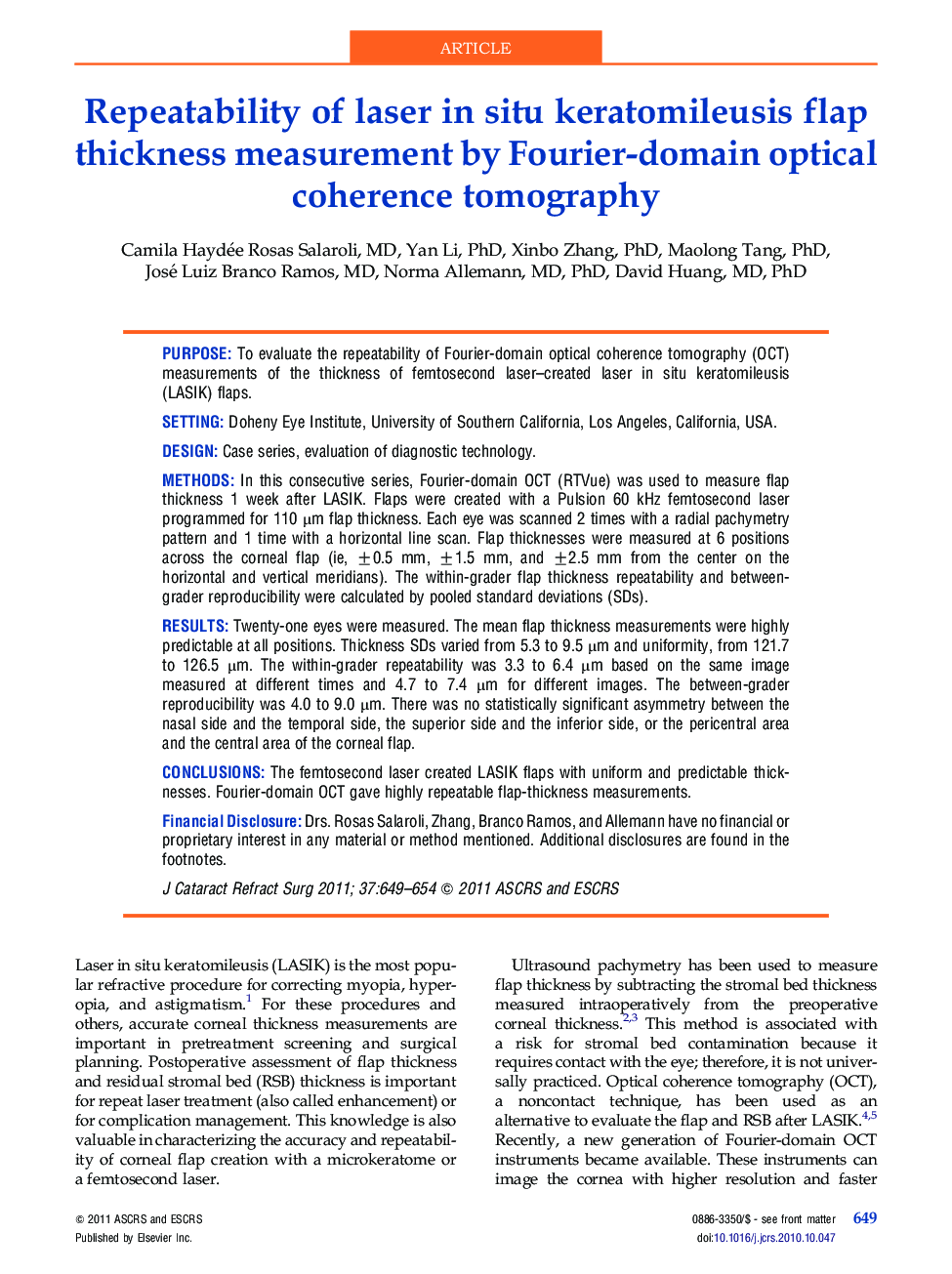 Repeatability of laser in situ keratomileusis flap thickness measurement by Fourier-domain optical coherence tomography