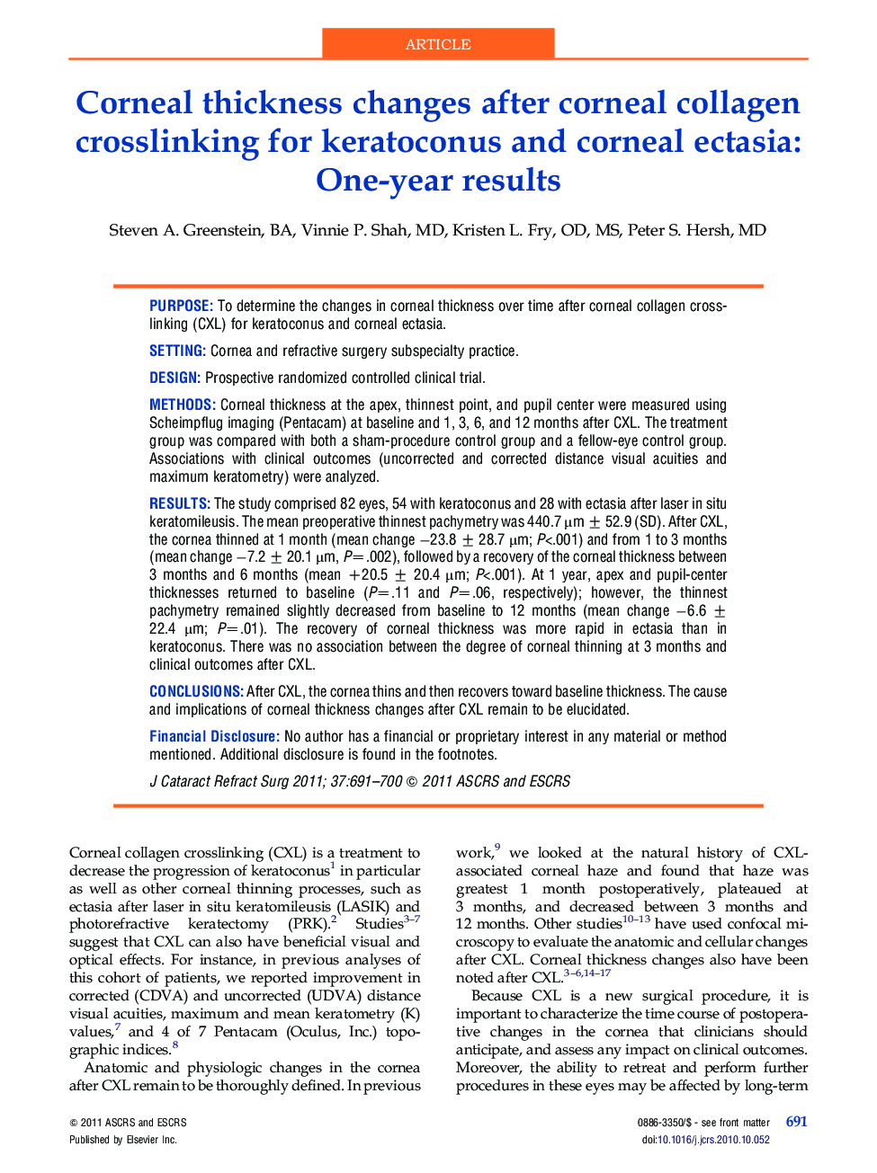 Corneal thickness changes after corneal collagen crosslinking for keratoconus and corneal ectasia: One-year results