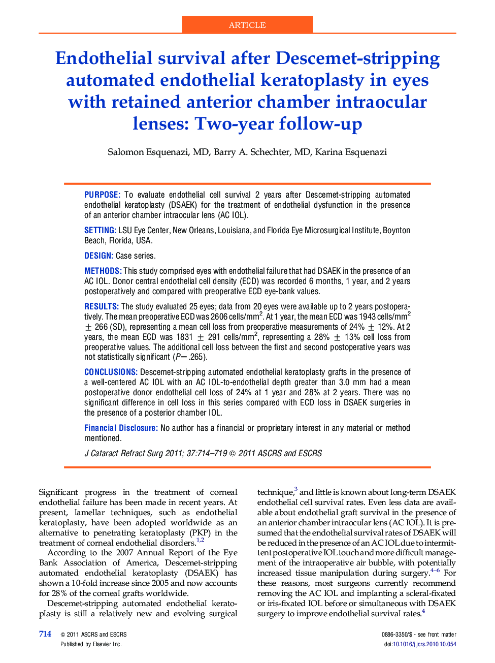 Endothelial survival after Descemet-stripping automated endothelial keratoplasty in eyes with retained anterior chamber intraocular lenses: Two-year follow-up