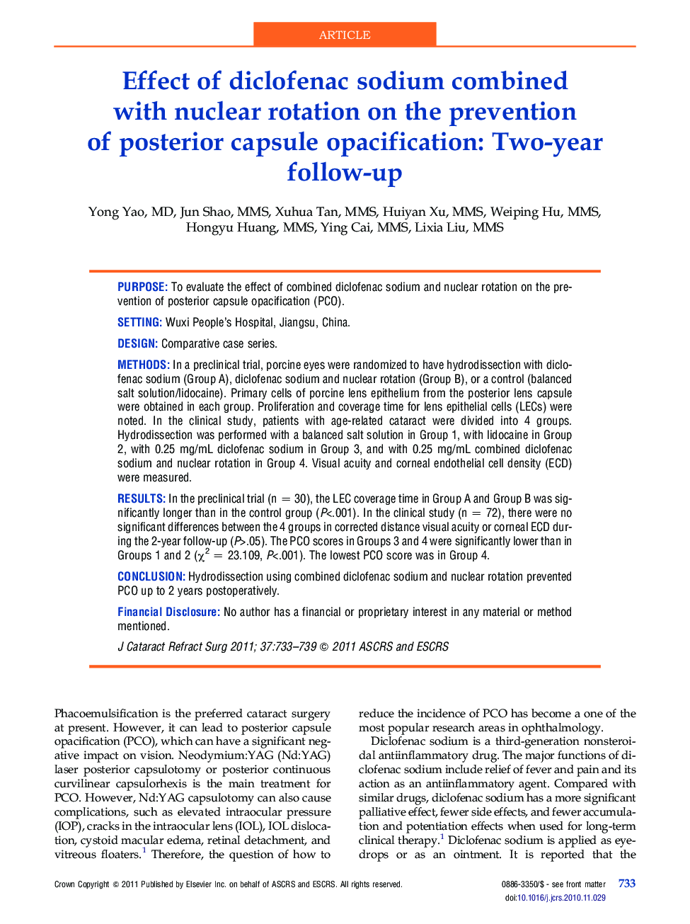 Effect of diclofenac sodium combined with nuclear rotation on the prevention of posterior capsule opacification: Two-year follow-up