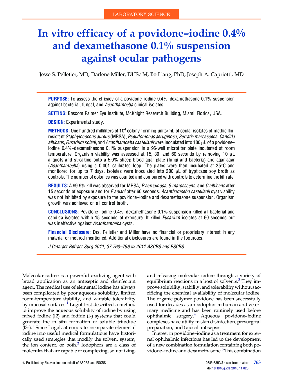In vitro efficacy of a povidone-iodine 0.4% and dexamethasone 0.1% suspension against ocular pathogens