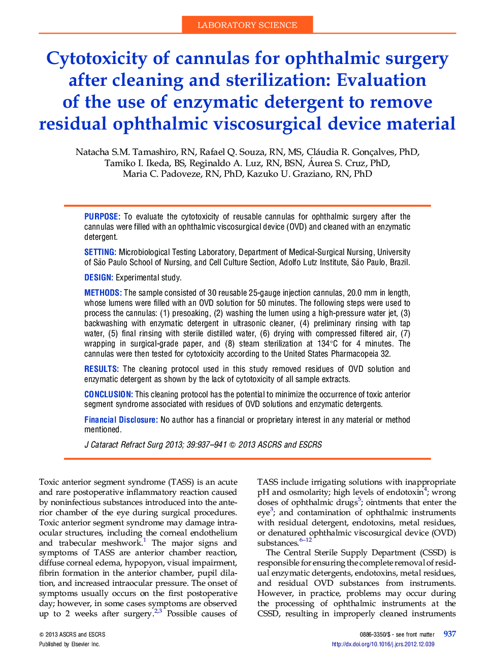Cytotoxicity of cannulas for ophthalmic surgery after cleaning and sterilization: Evaluation of the use of enzymatic detergent to remove residual ophthalmic viscosurgical device material