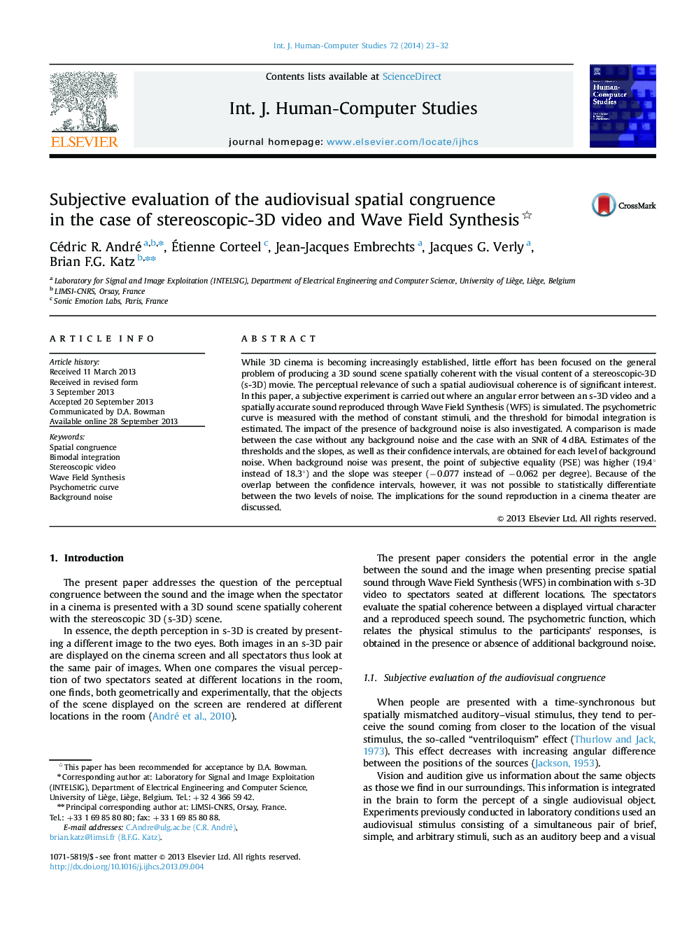 Subjective evaluation of the audiovisual spatial congruence in the case of stereoscopic-3D video and Wave Field Synthesis 