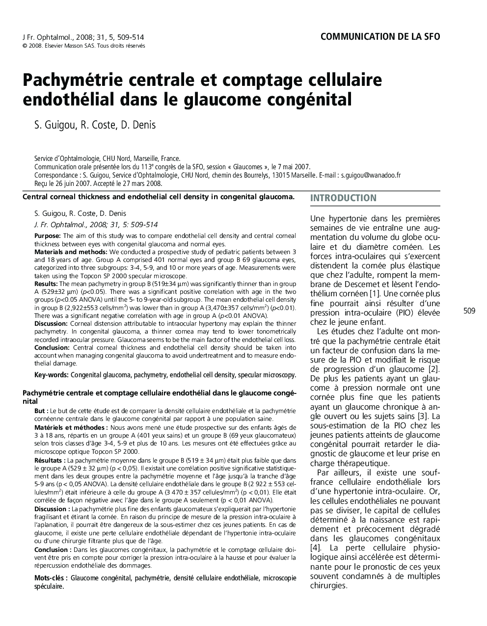 Pachymétrie centrale et comptage cellulaireendothélial dans le glaucome congénital