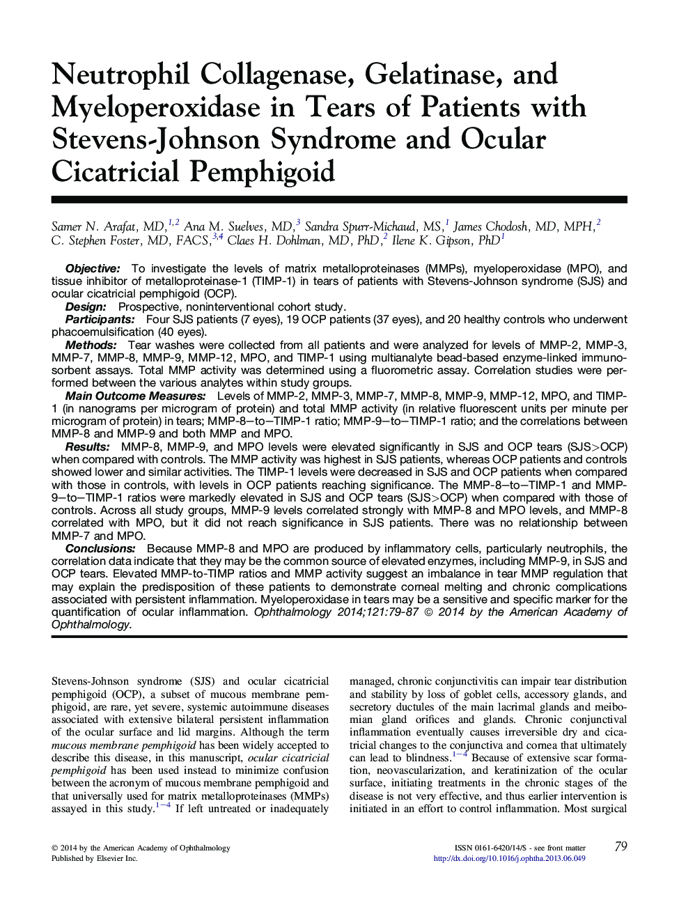 Neutrophil Collagenase, Gelatinase, and Myeloperoxidase in Tears of Patients with Stevens-Johnson Syndrome and Ocular Cicatricial Pemphigoid 