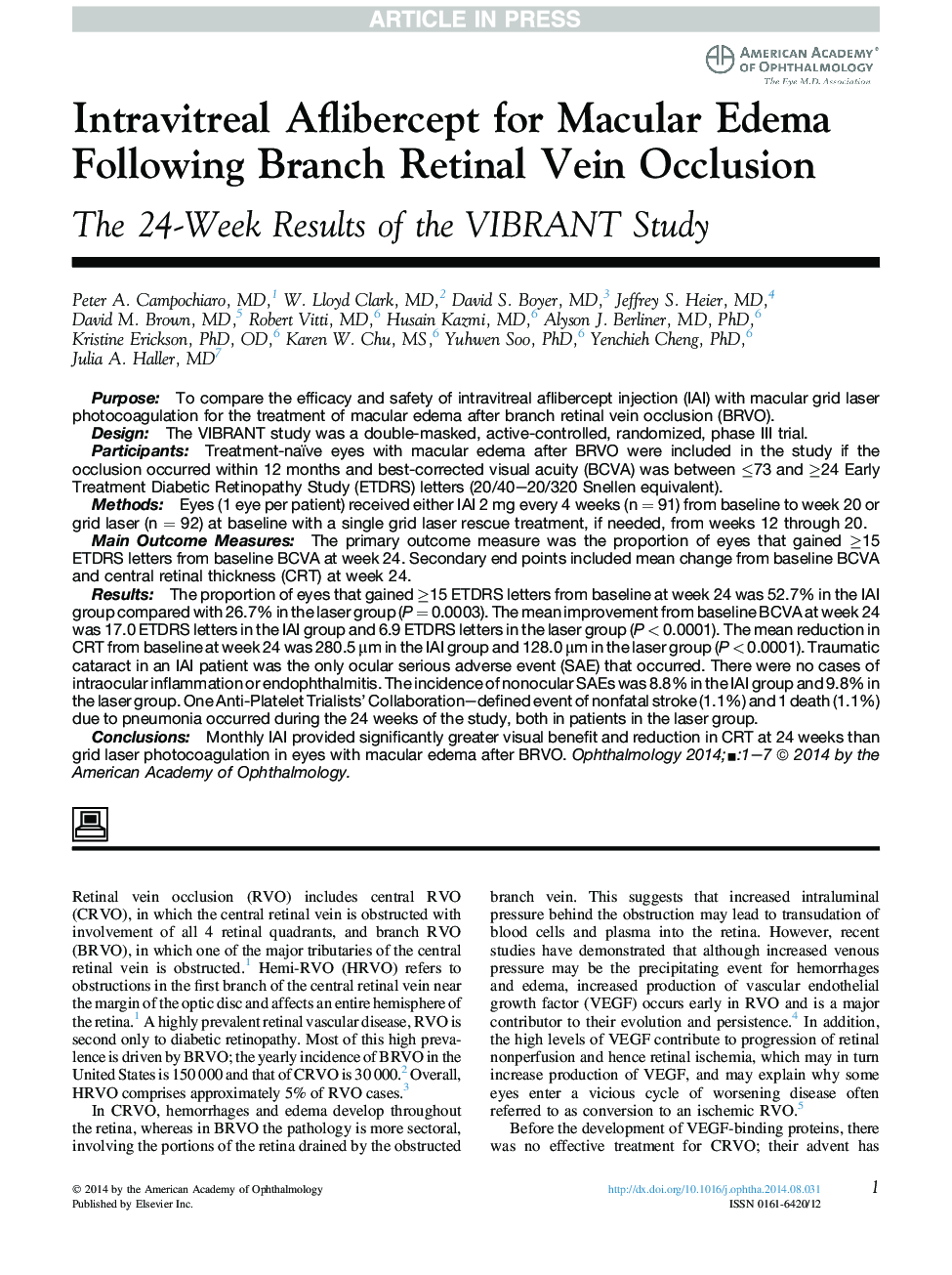 Intravitreal Aflibercept for Macular Edema Following Branch Retinal Vein Occlusion