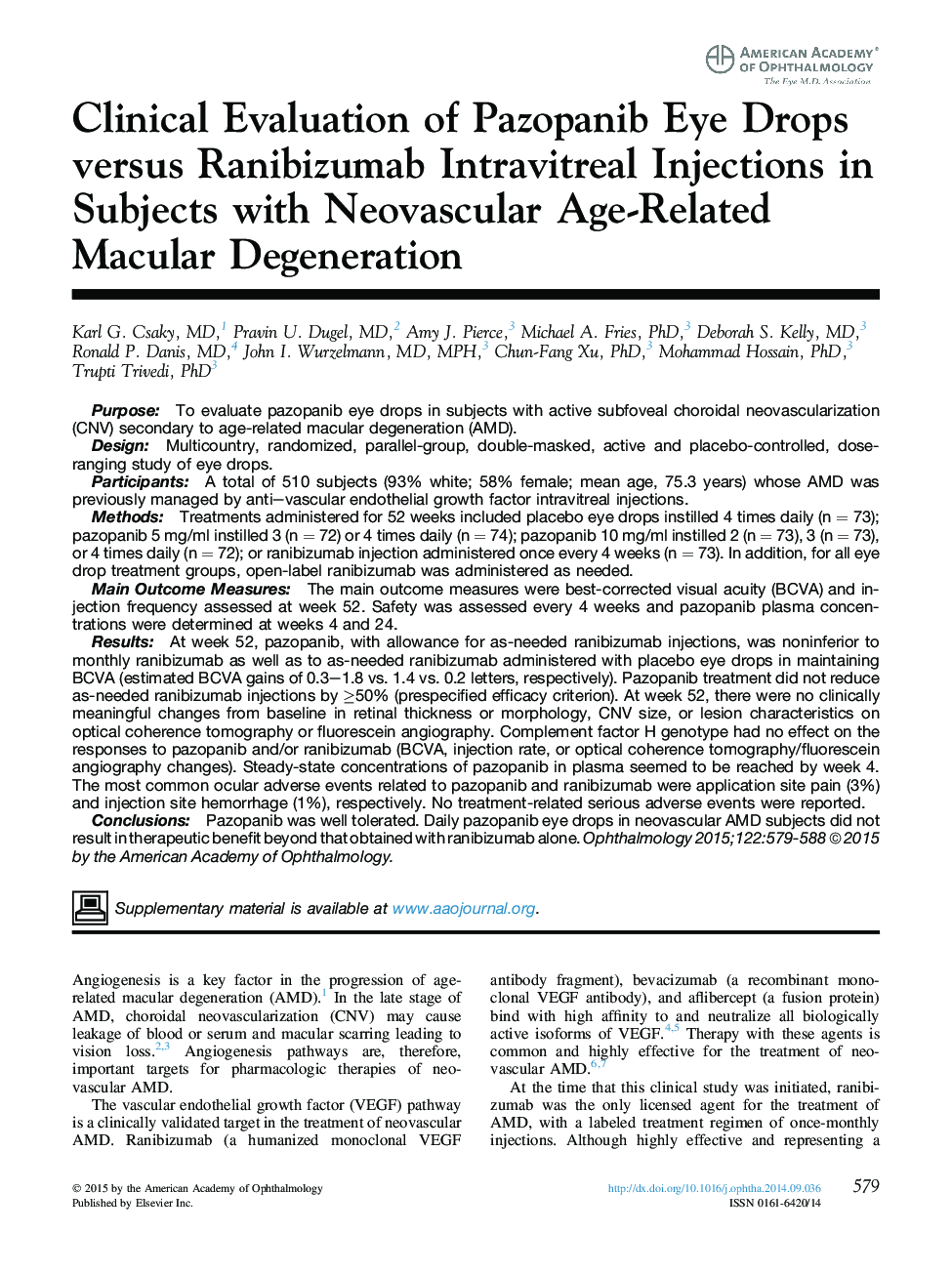 Clinical Evaluation of Pazopanib Eye Drops versus Ranibizumab Intravitreal Injections in Subjects with Neovascular Age-Related Macular Degeneration