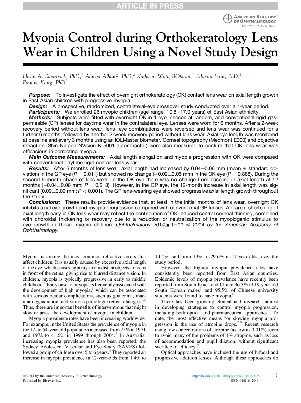 کنترل نزدیک بینی در حین استفاده از لنزهای ارتوکراتولوژی کودکان با استفاده از طراحی مطالعه رمان 