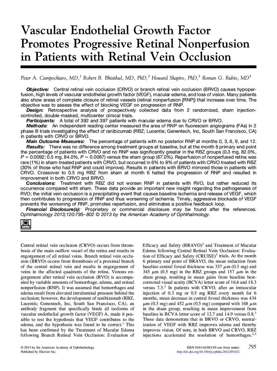 Vascular Endothelial Growth Factor Promotes Progressive Retinal Nonperfusion in Patients with Retinal Vein Occlusion