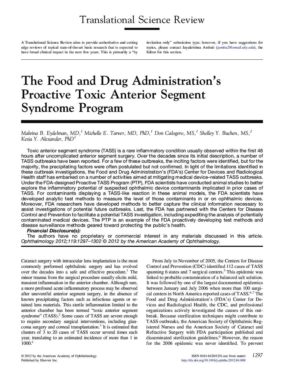 The Food and Drug Administration's Proactive Toxic Anterior Segment Syndrome Program