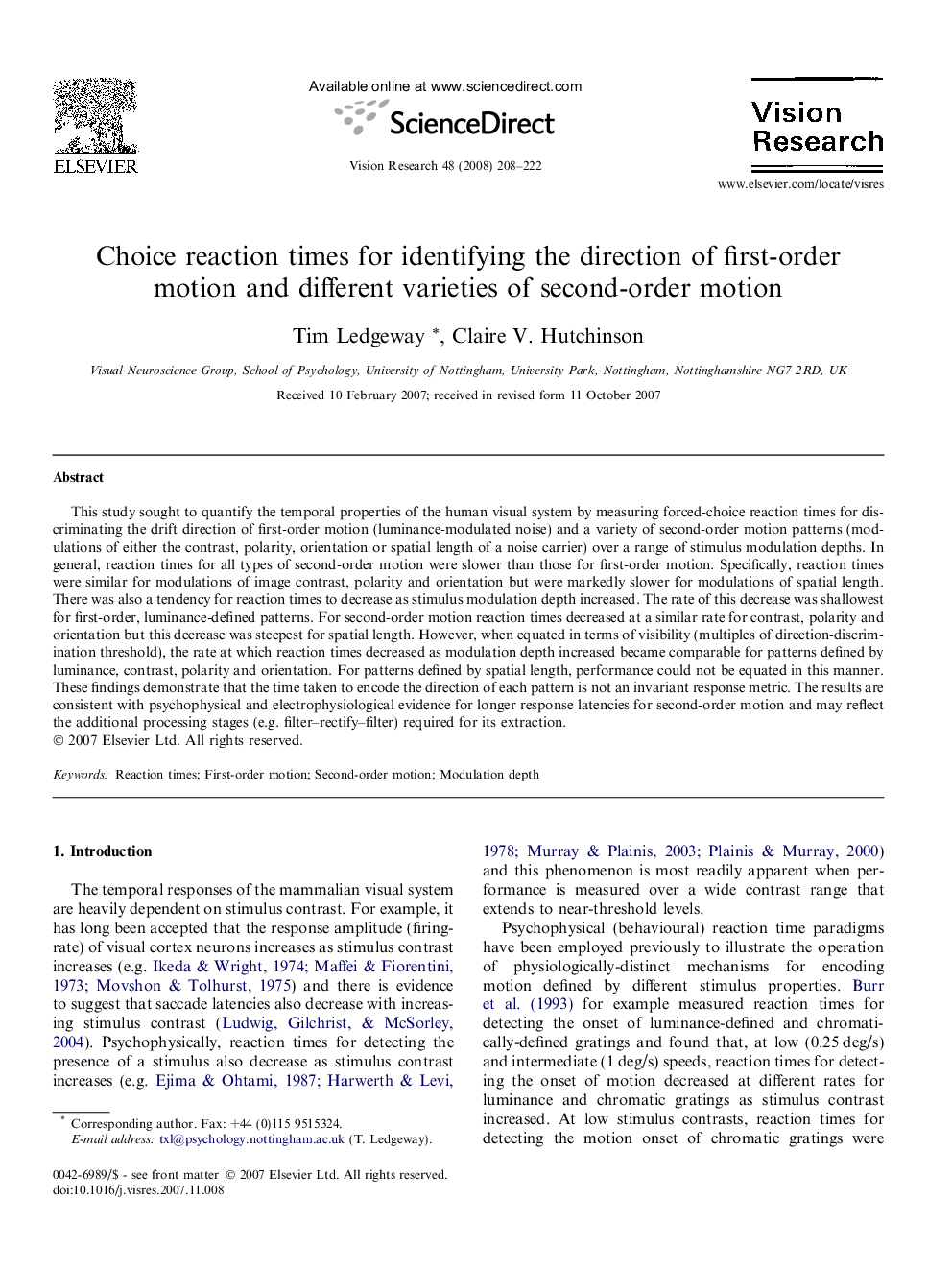 Choice reaction times for identifying the direction of first-order motion and different varieties of second-order motion