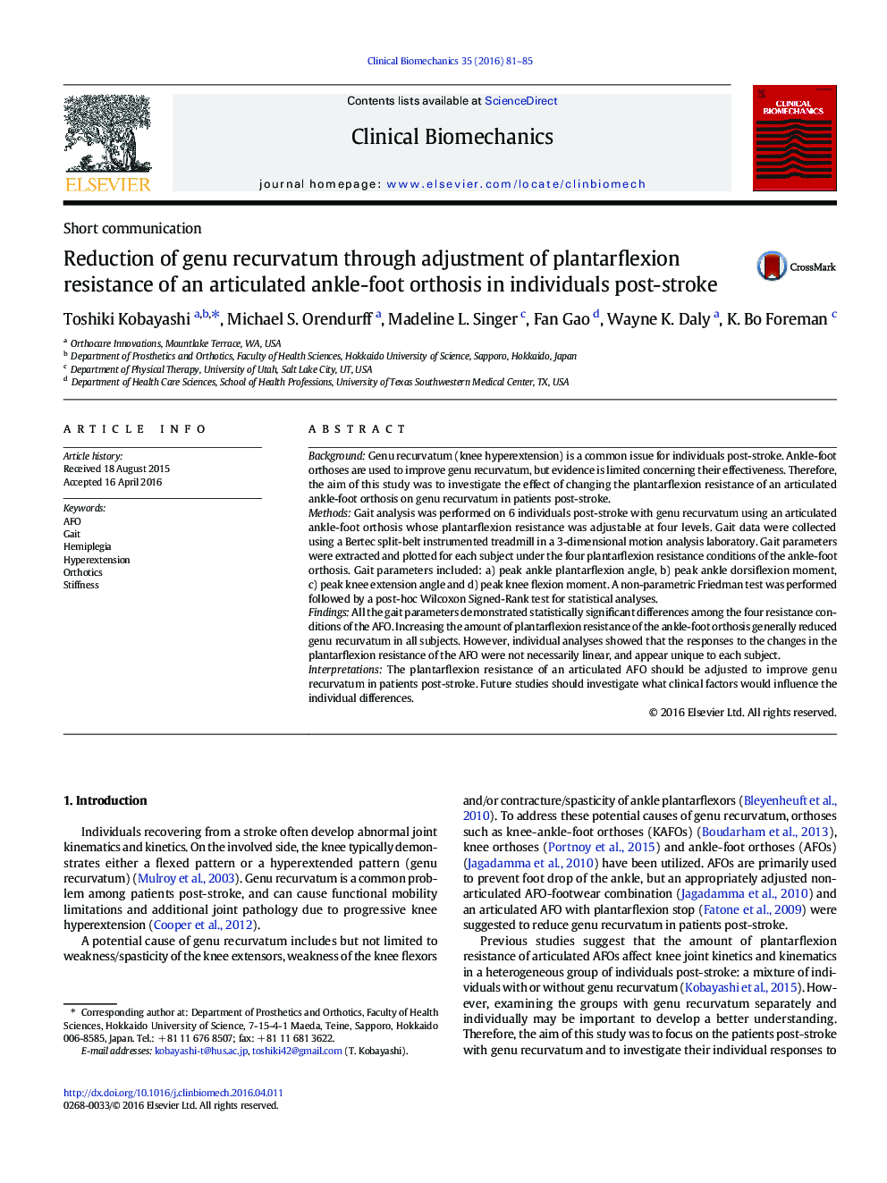 Reduction of genu recurvatum through adjustment of plantarflexion resistance of an articulated ankle-foot orthosis in individuals post-stroke