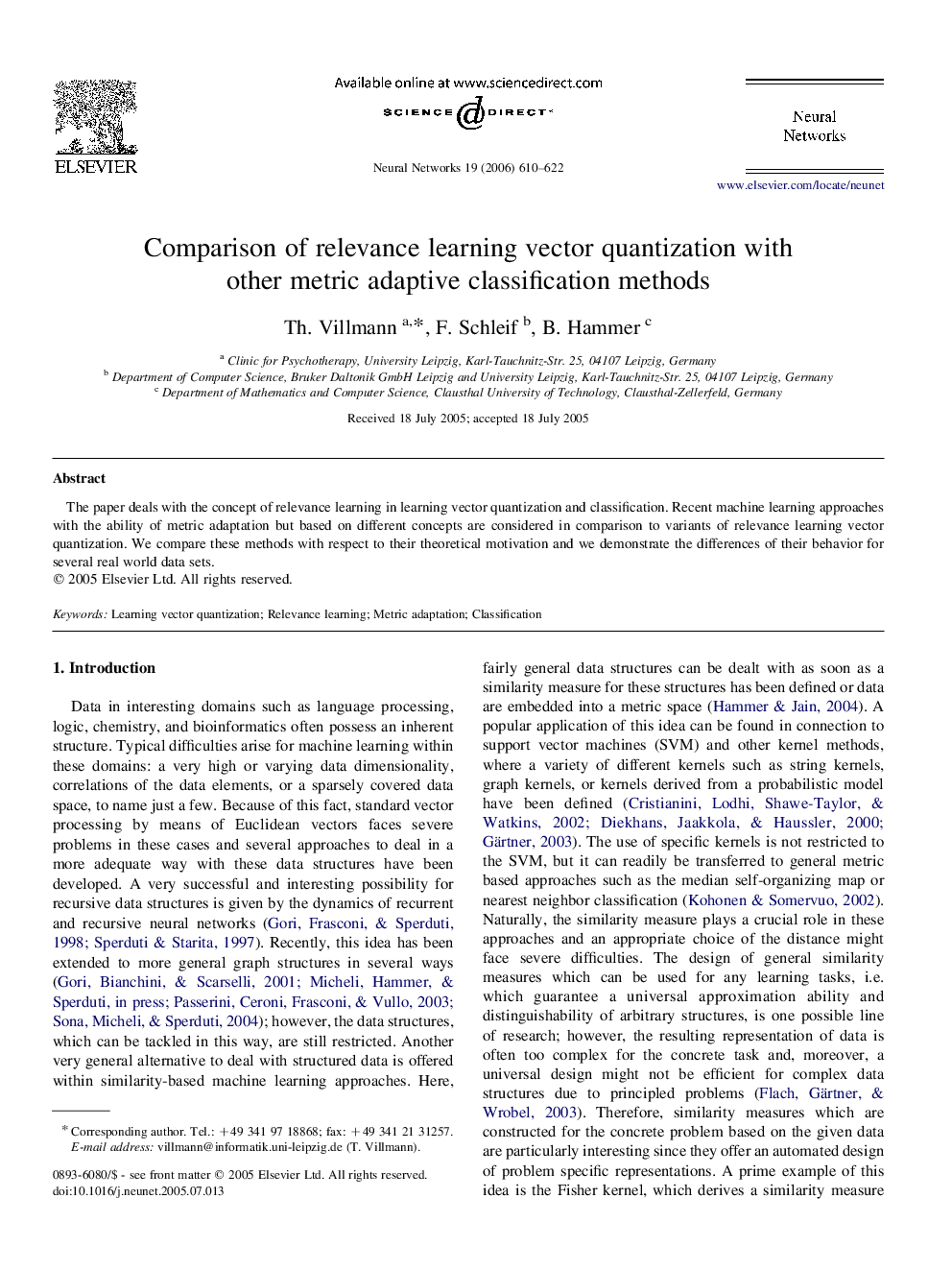 Comparison of relevance learning vector quantization with other metric adaptive classification methods