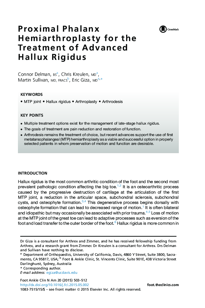 Proximal Phalanx Hemiarthroplasty for the Treatment of Advanced Hallux Rigidus