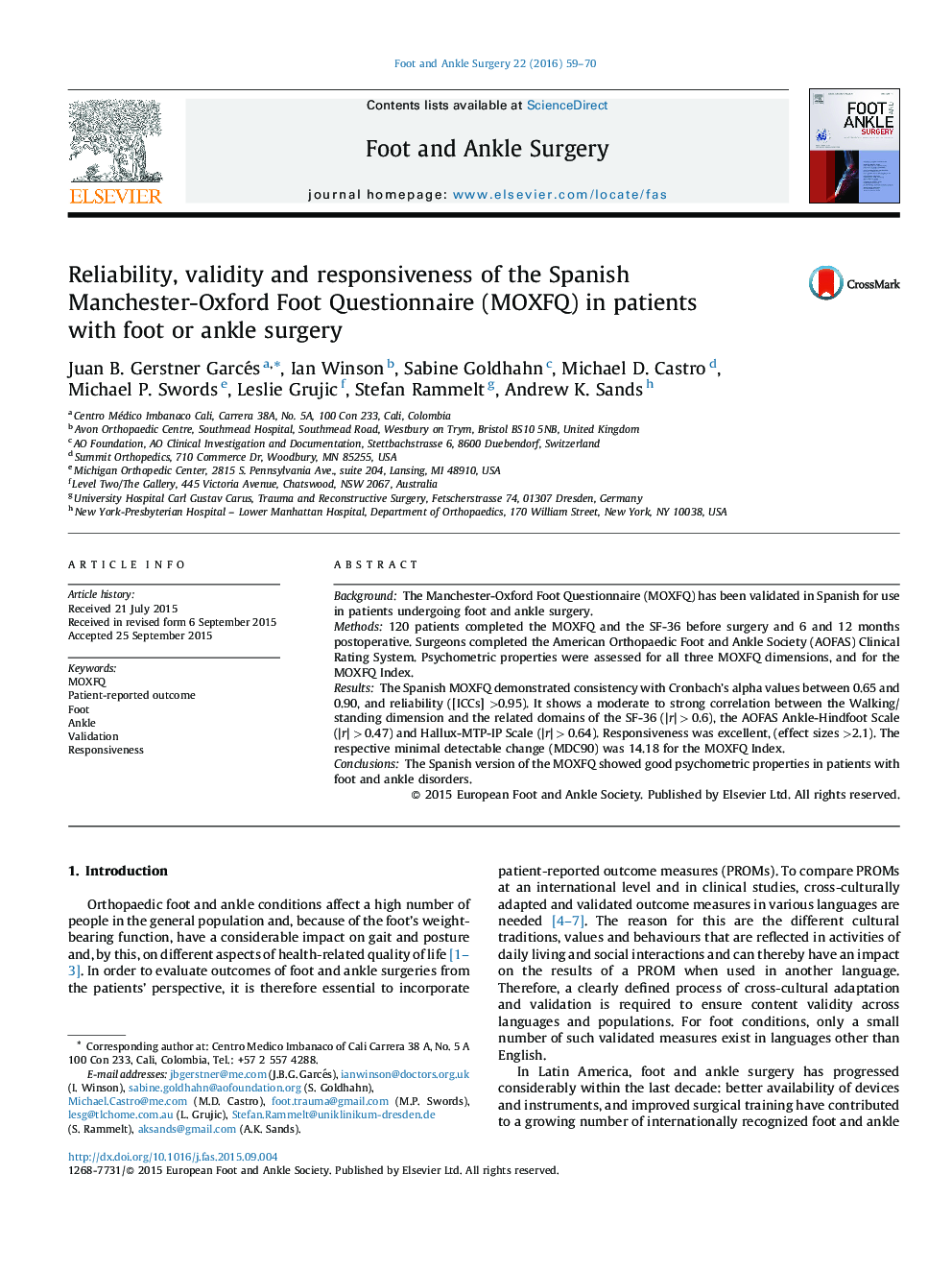 Reliability, validity and responsiveness of the Spanish Manchester-Oxford Foot Questionnaire (MOXFQ) in patients with foot or ankle surgery