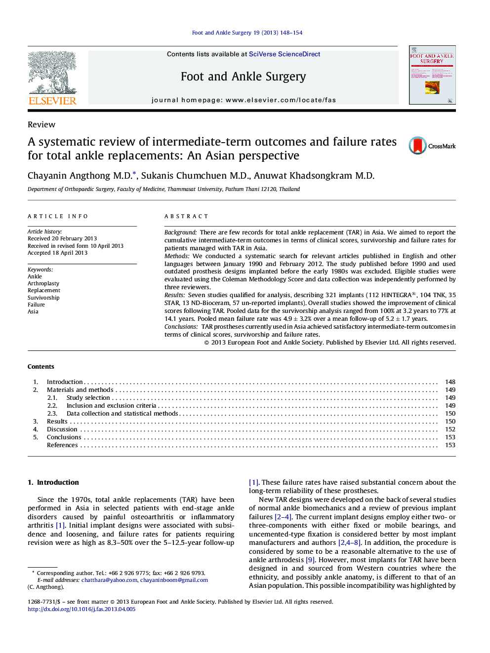 A systematic review of intermediate-term outcomes and failure rates for total ankle replacements: An Asian perspective