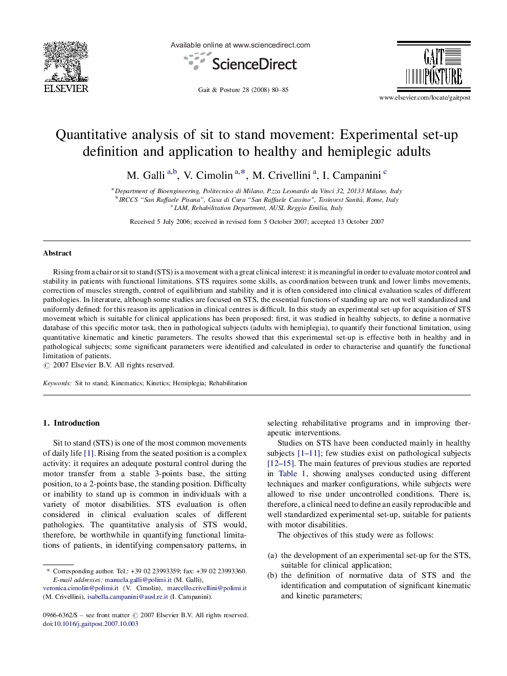 Quantitative analysis of sit to stand movement: Experimental set-up definition and application to healthy and hemiplegic adults