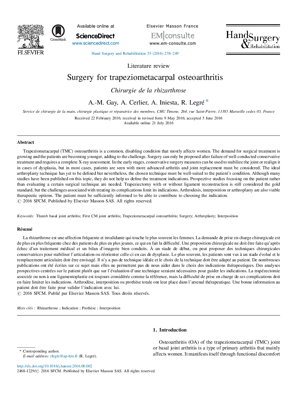 Surgery for trapeziometacarpal osteoarthritis