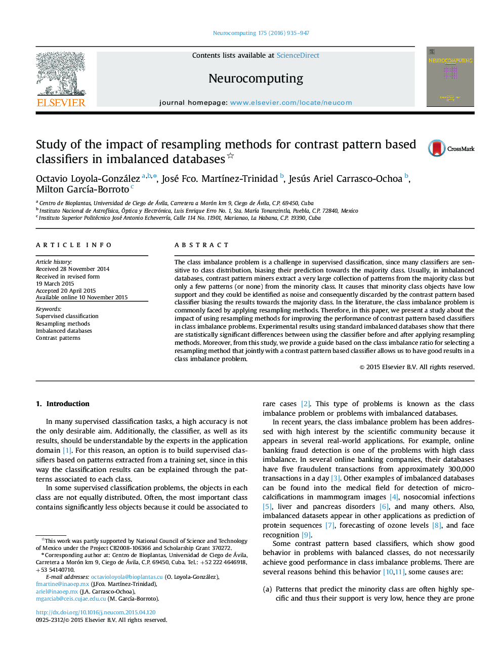 Study of the impact of resampling methods for contrast pattern based classifiers in imbalanced databases 