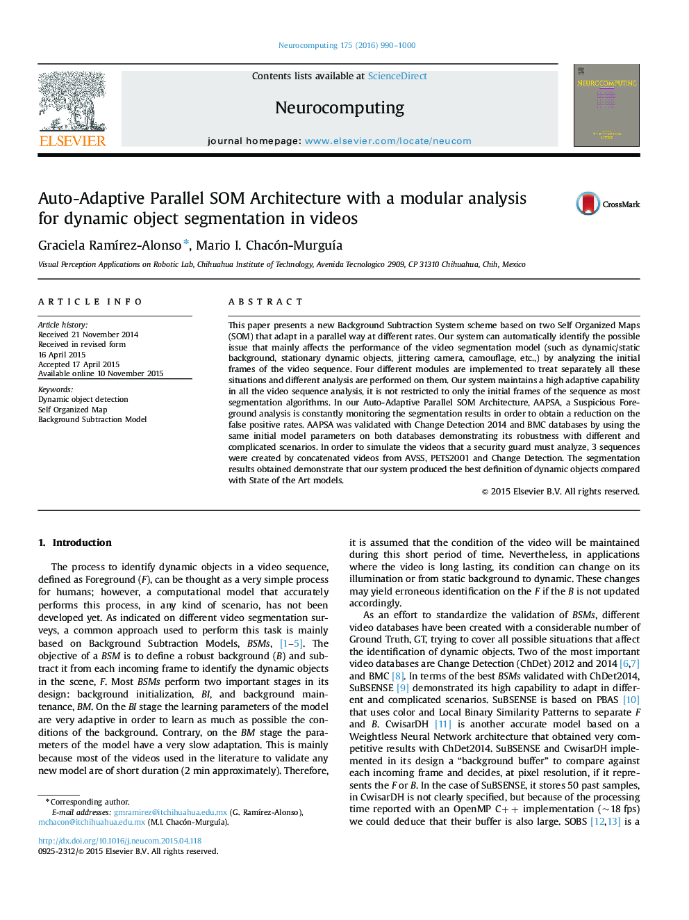 Auto-Adaptive Parallel SOM Architecture with a modular analysis for dynamic object segmentation in videos