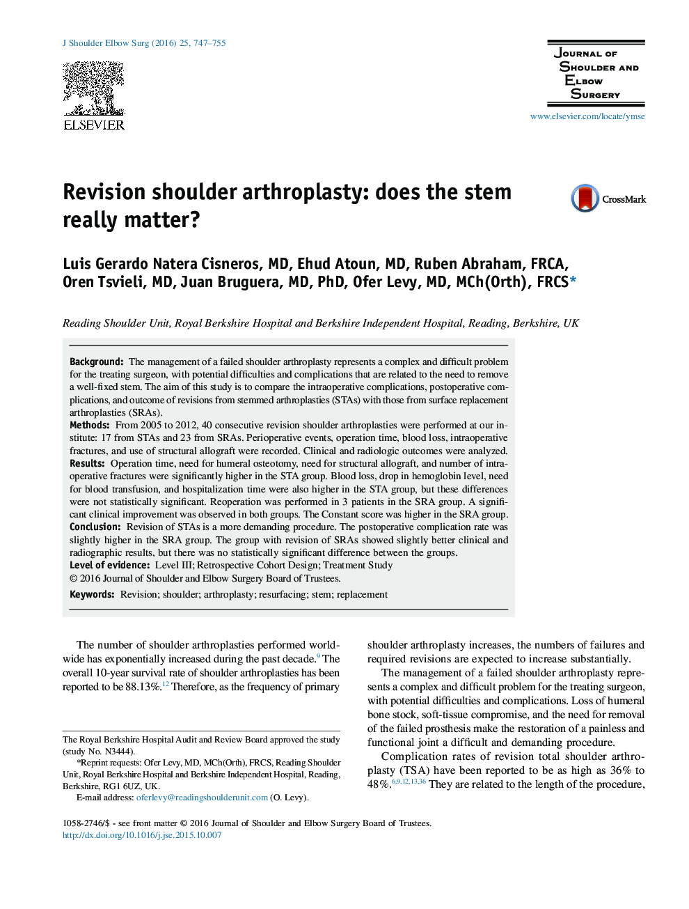Revision shoulder arthroplasty: does the stem really matter? 