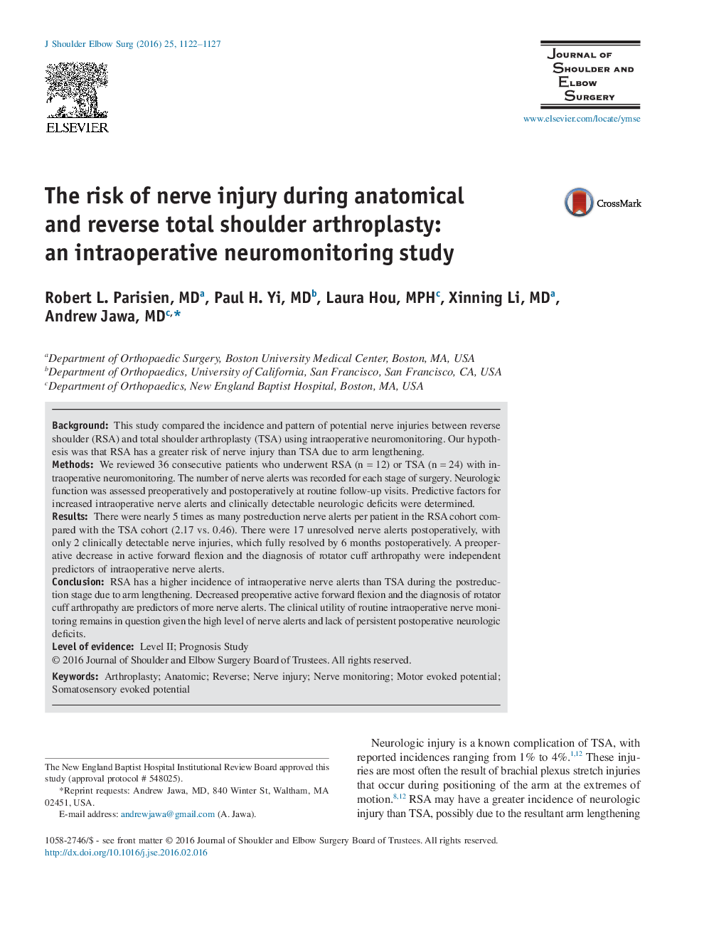 خطر آسیب عصب هنگام آرتروپلاستی شانه آناتومیک و معکوس: یک مطالعه نئومونوئیدینگ درون عمل 