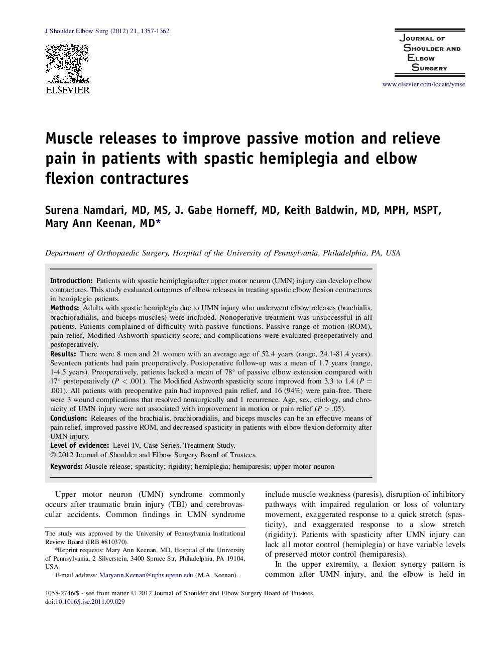 Muscle releases to improve passive motion and relieve pain in patients with spastic hemiplegia and elbow flexion contractures 