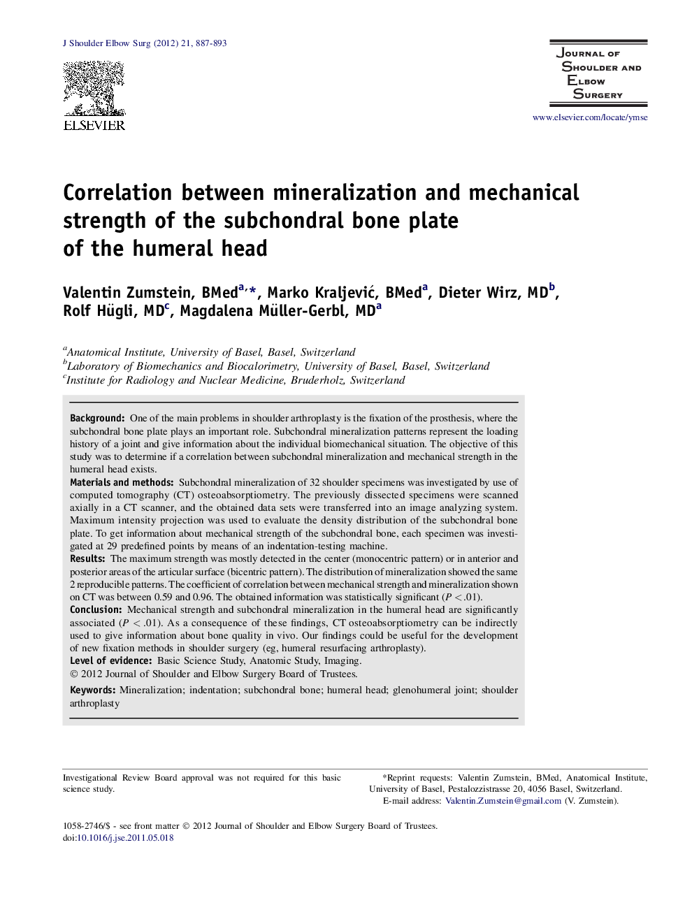 Correlation between mineralization and mechanical strength of the subchondral bone plate of the humeral head 