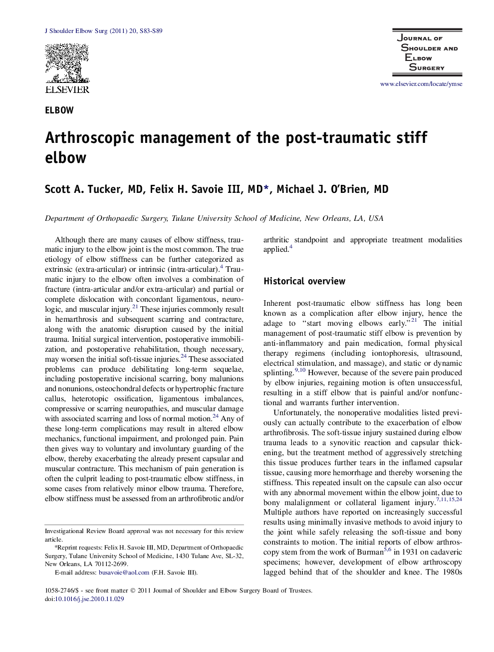 Arthroscopic management of the post-traumatic stiff elbow