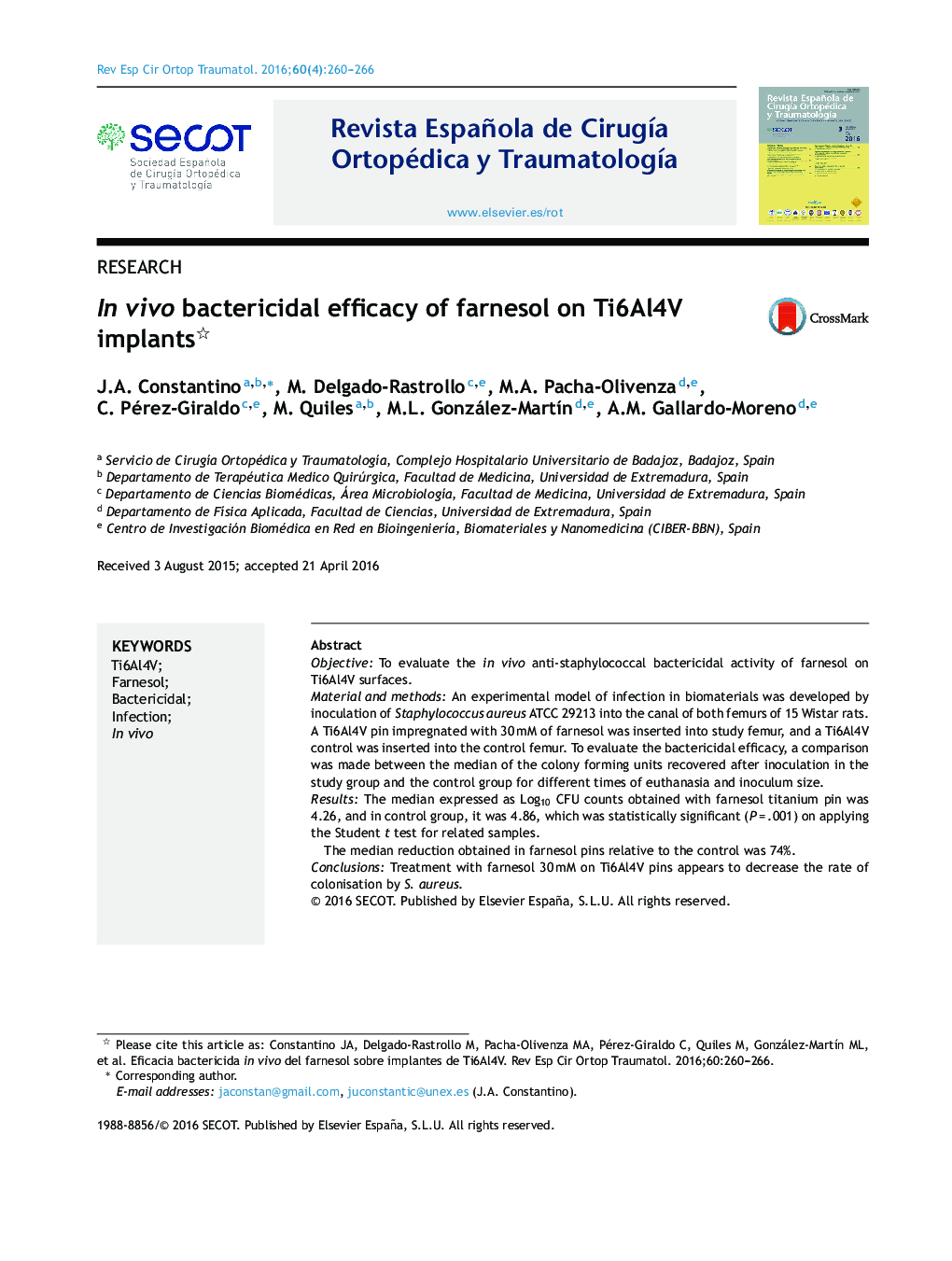 In vivo bactericidal efficacy of farnesol on Ti6Al4V implants 