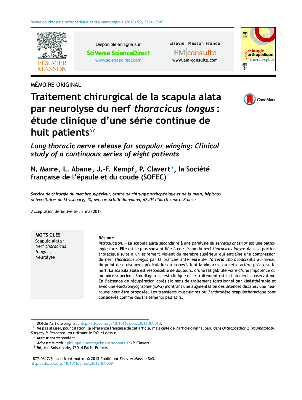 Traitement chirurgical de la scapula alata par neurolyse du nerf thoracicus longus : étude clinique d’une série continue de huit patients 