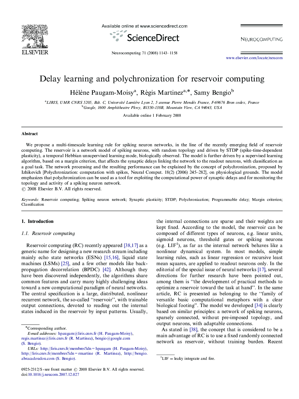 Delay learning and polychronization for reservoir computing