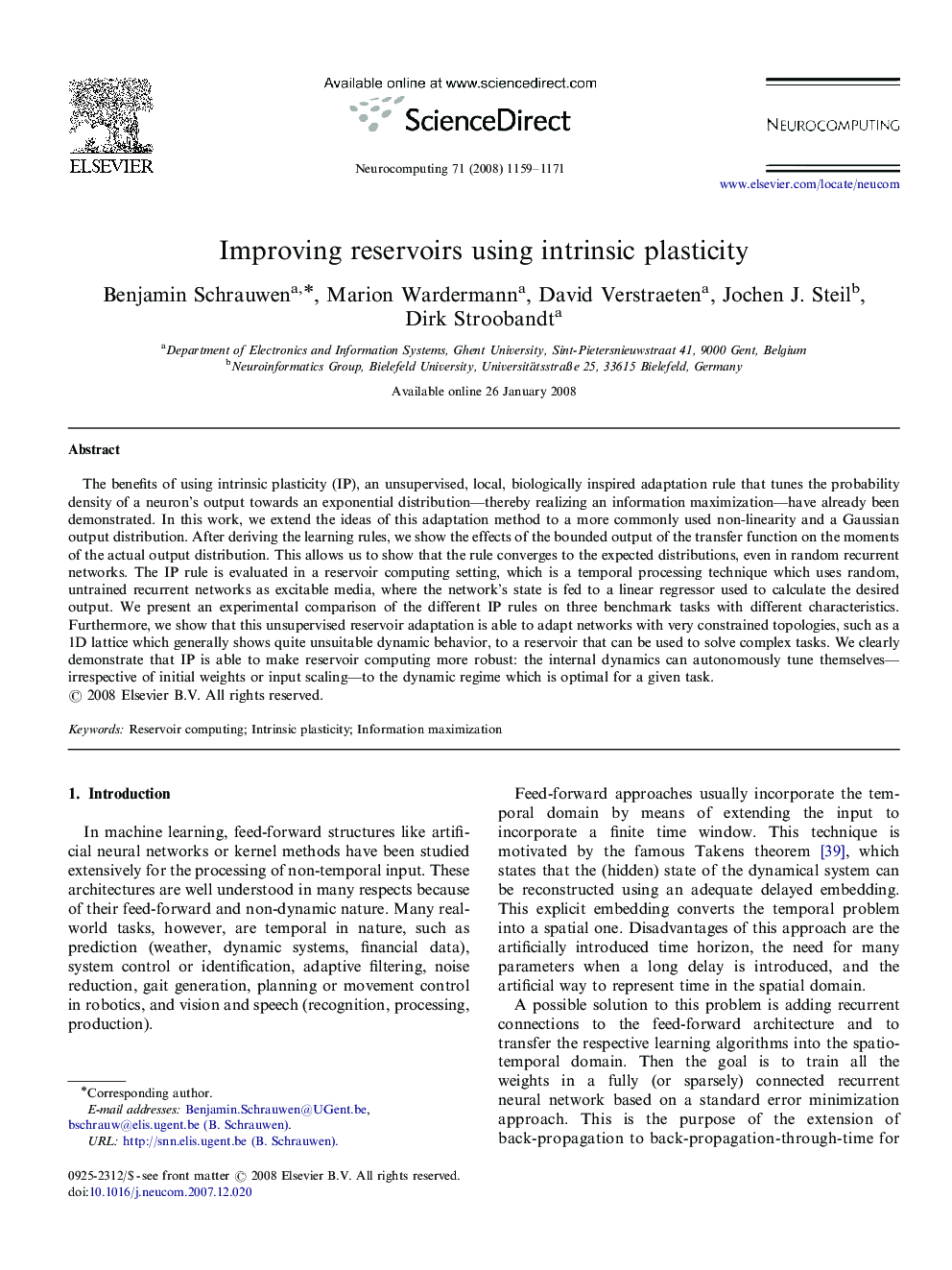 Improving reservoirs using intrinsic plasticity