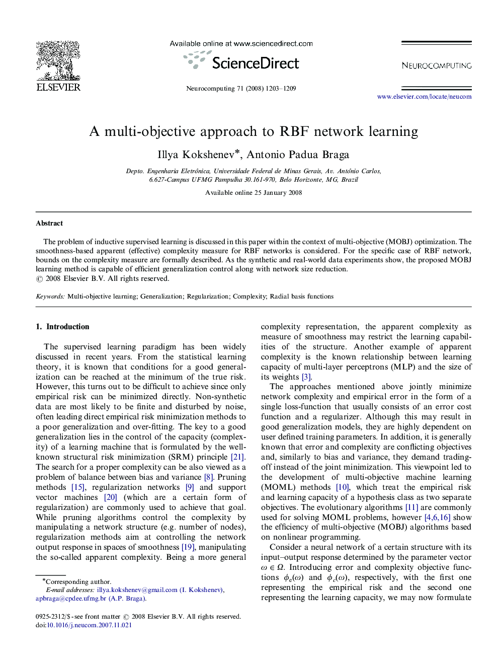 A multi-objective approach to RBF network learning