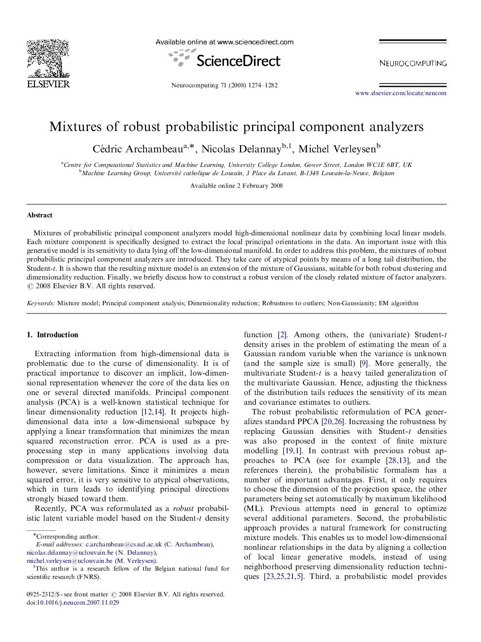 Mixtures of robust probabilistic principal component analyzers