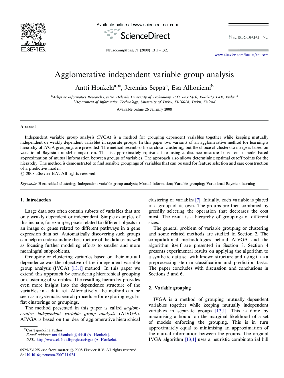 Agglomerative independent variable group analysis