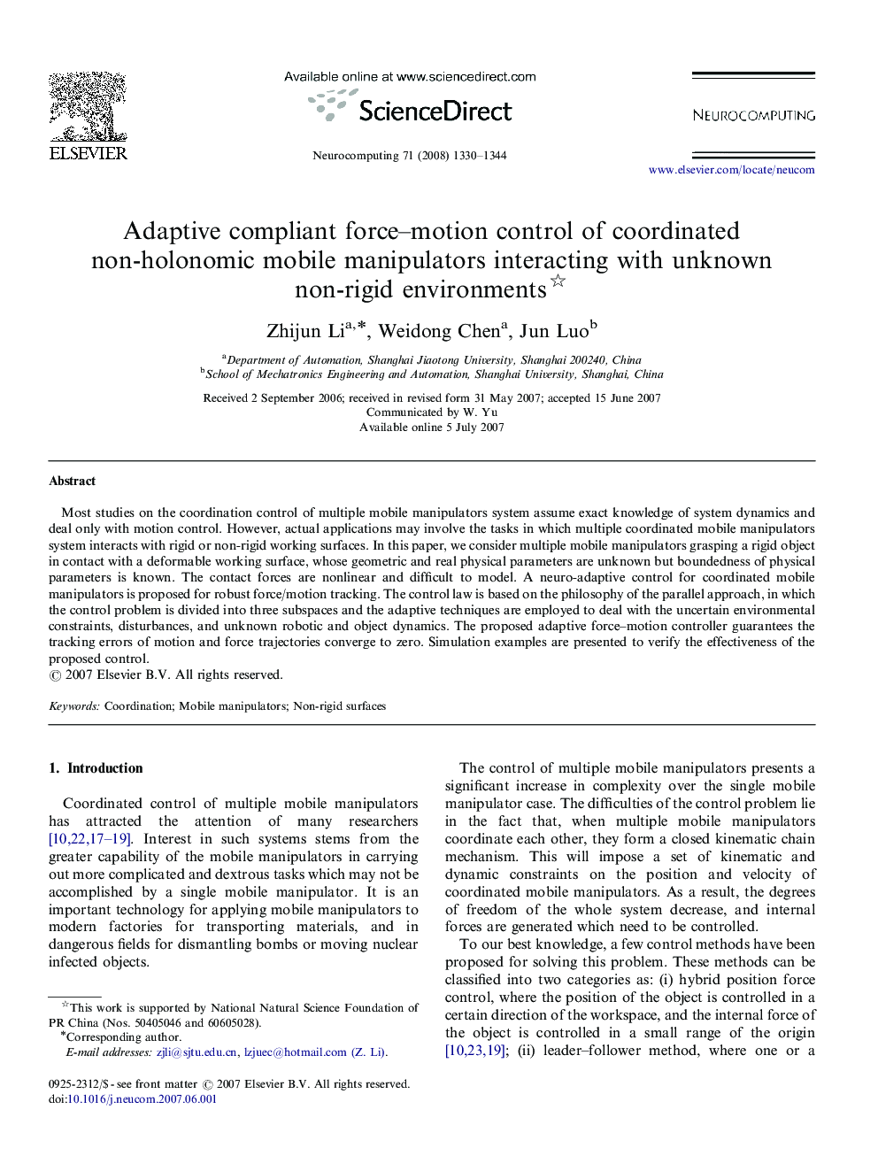 Adaptive compliant force–motion control of coordinated non-holonomic mobile manipulators interacting with unknown non-rigid environments 