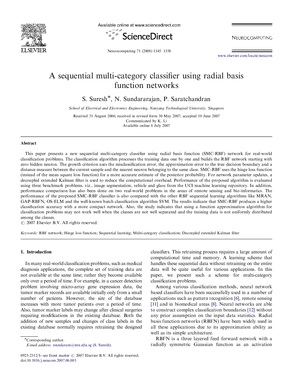 A sequential multi-category classifier using radial basis function networks