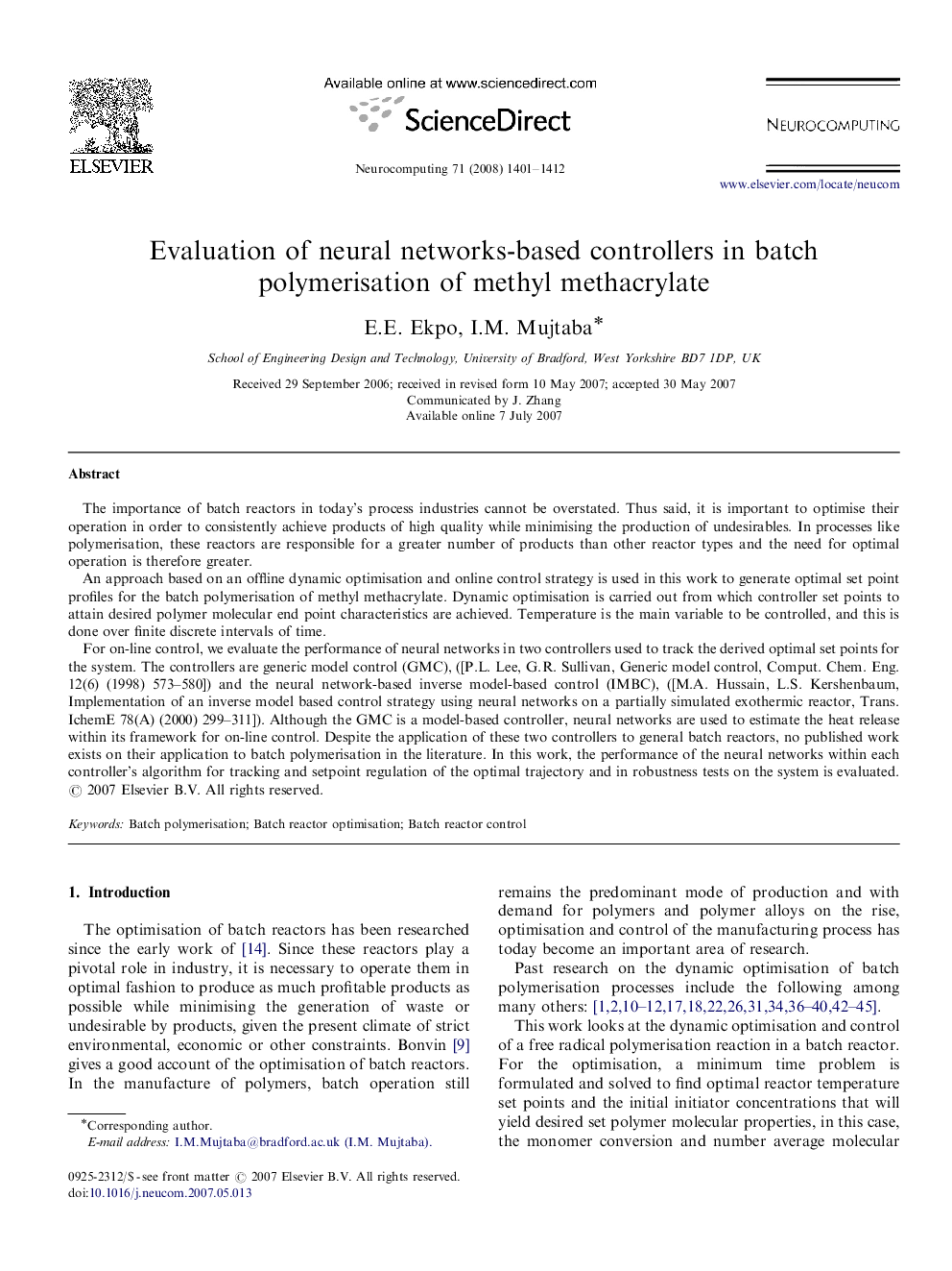 Evaluation of neural networks-based controllers in batch polymerisation of methyl methacrylate