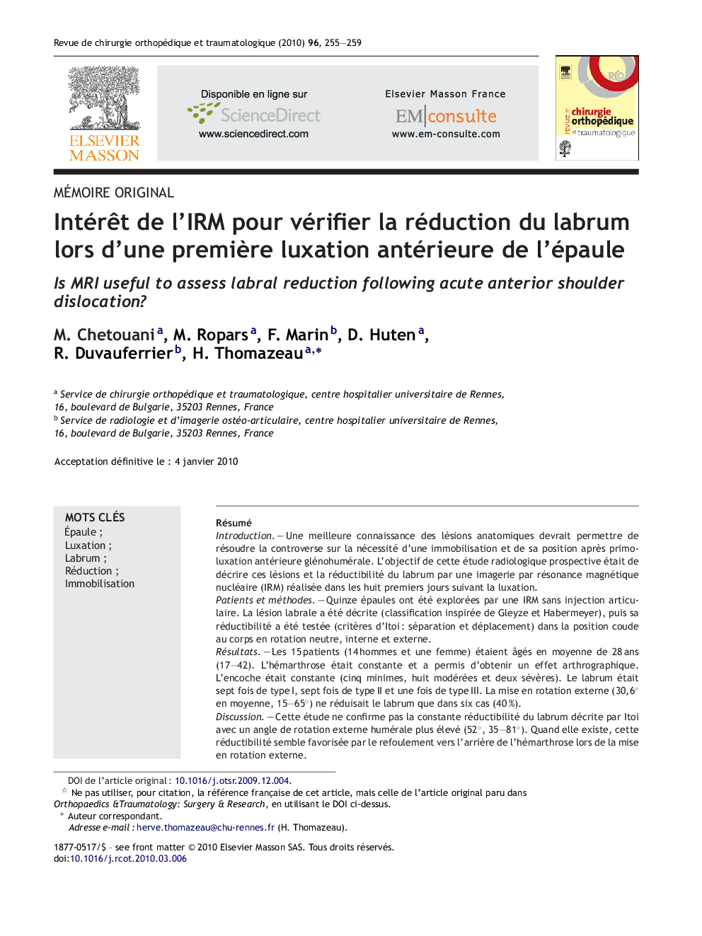 IntérÃªt de l'IRM pour vérifier la réduction du labrum lors d'une premiÃ¨re luxation antérieure de l'épaule