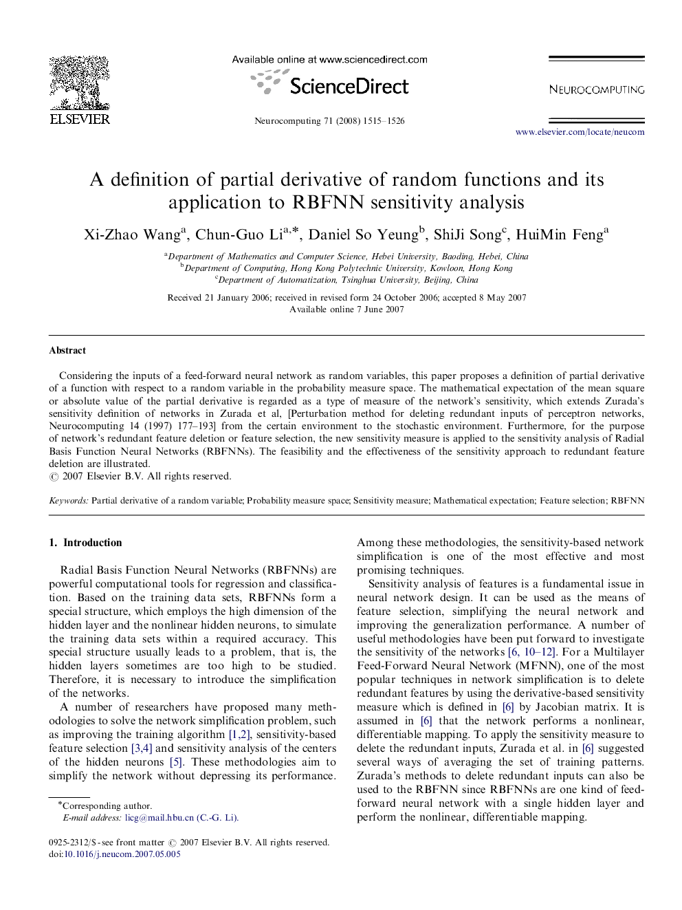 A definition of partial derivative of random functions and its application to RBFNN sensitivity analysis