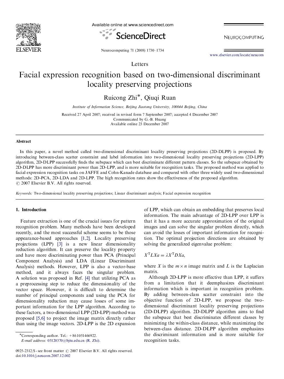 Facial expression recognition based on two-dimensional discriminant locality preserving projections