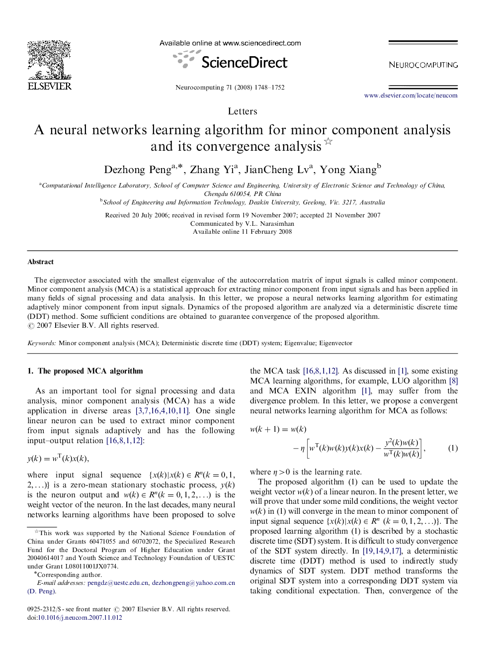 A neural networks learning algorithm for minor component analysis and its convergence analysis 