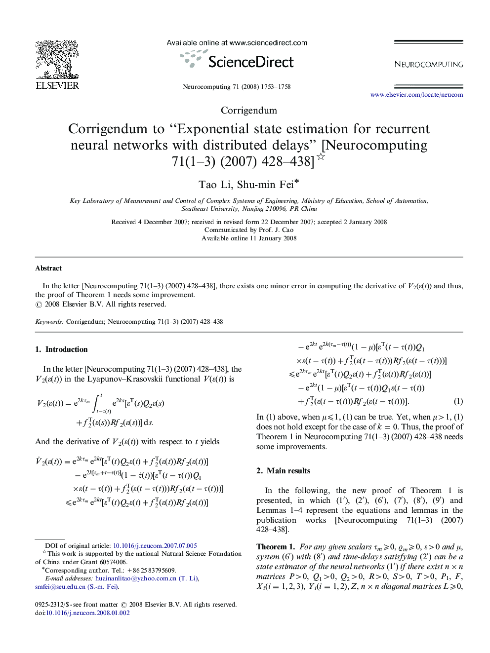 Corrigendum to “Exponential state estimation for recurrent neural networks with distributed delays” [Neurocomputing 71(1–3) (2007) 428–438] 