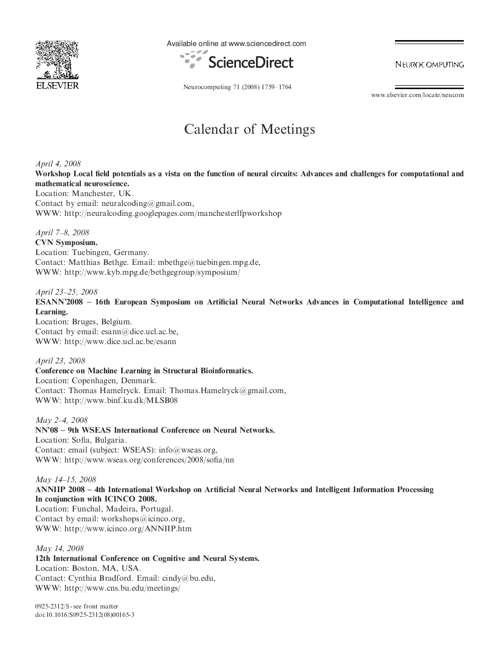 Calendar of Meetings