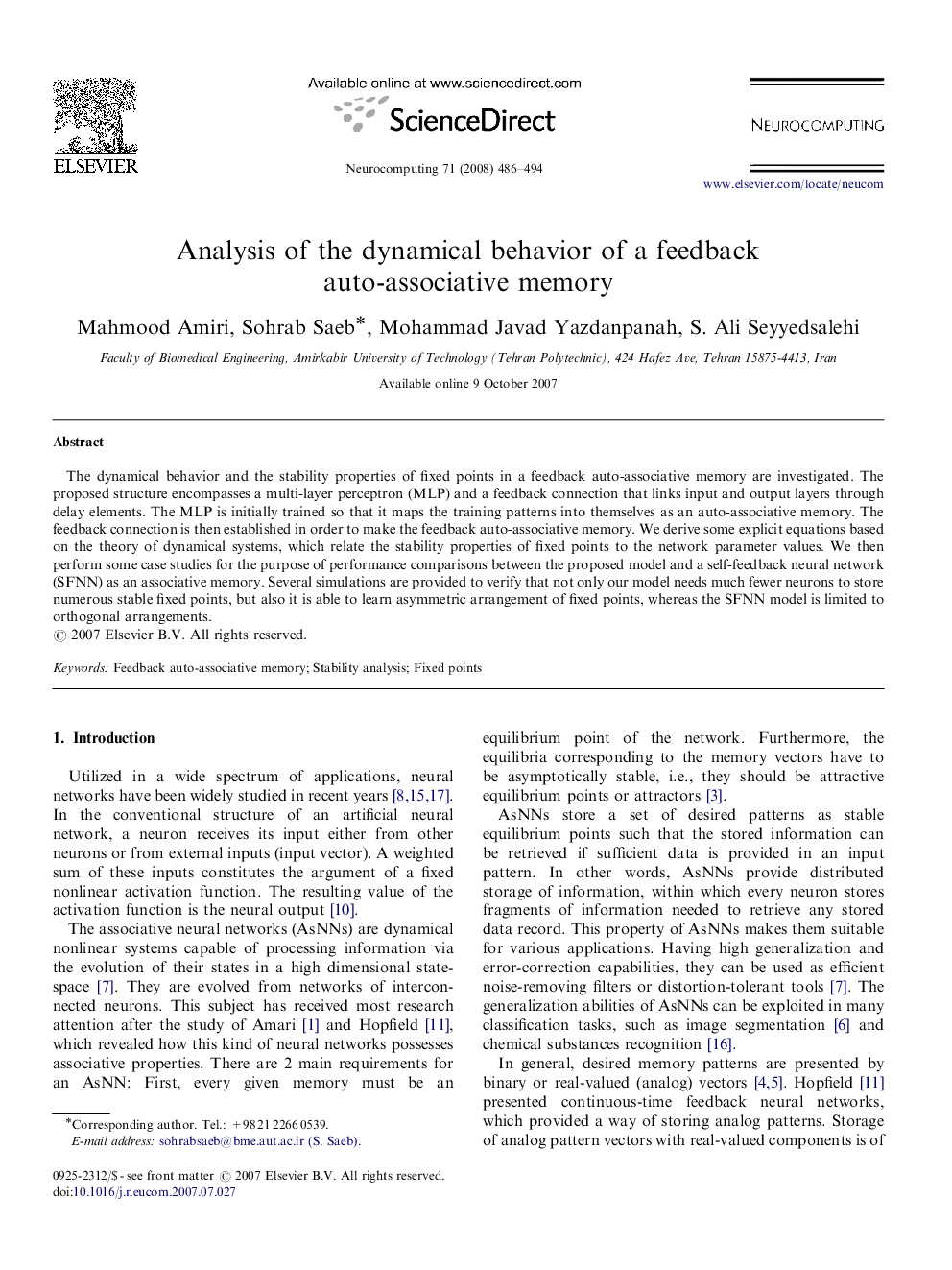 Analysis of the dynamical behavior of a feedback auto-associative memory