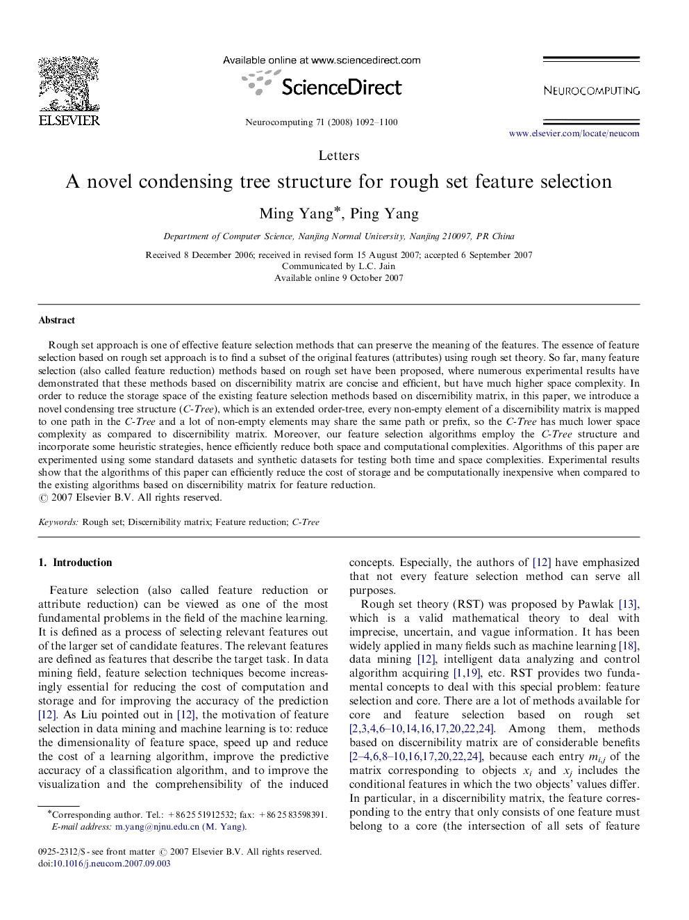 A novel condensing tree structure for rough set feature selection