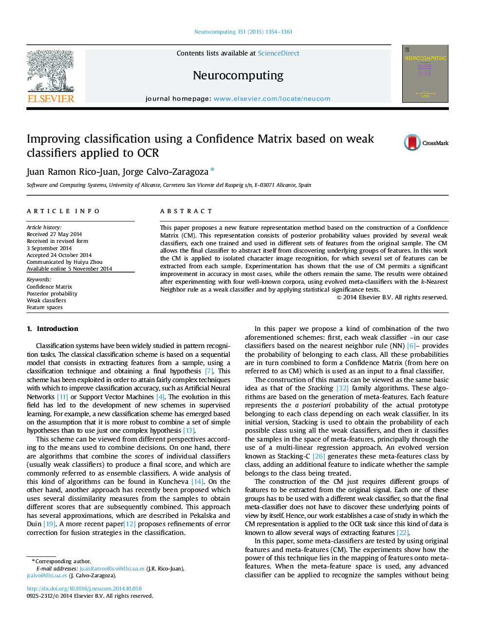 Improving classification using a Confidence Matrix based on weak classifiers applied to OCR